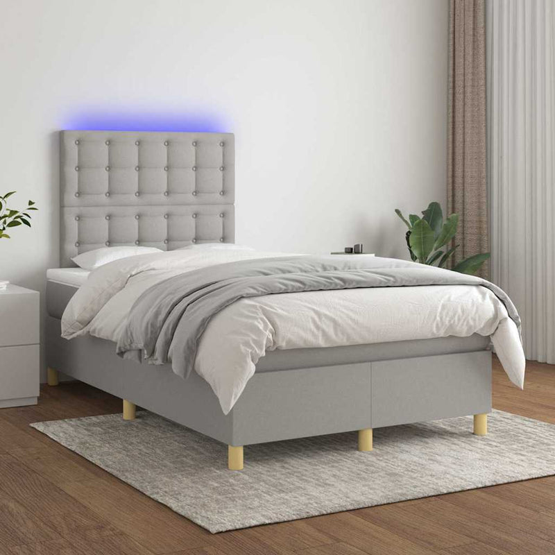 Pat cu arcuri, saltea și LED, gri deschis, 120x200 cm, textil