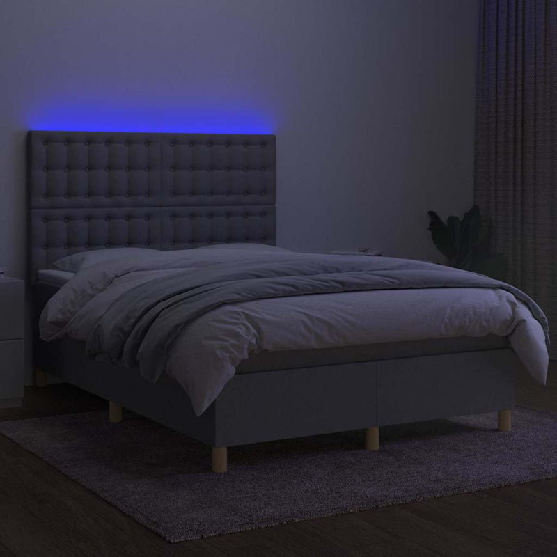 Pat cu arcuri, saltea și LED, gri deschis, 140x190 cm, textil