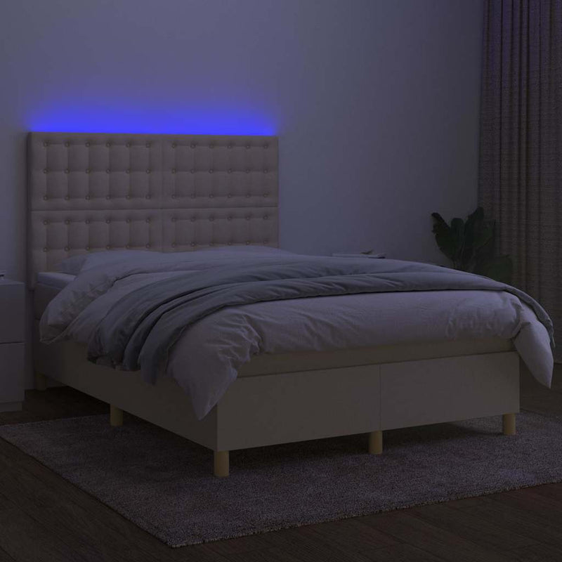 Pat cu arcuri, saltea și LED, crem, 140x190 cm, textil