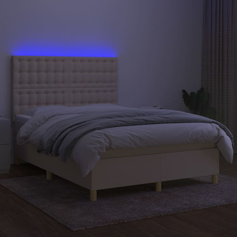 Pat cu arcuri, saltea și LED, crem, 140x200 cm, textil