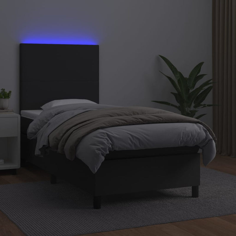 Pat continental cu saltea & LED, negru, 80x200 cm, piele eco