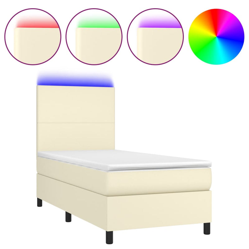 Pat continental cu saltea și LED, crem, 80x200 cm, piele eco