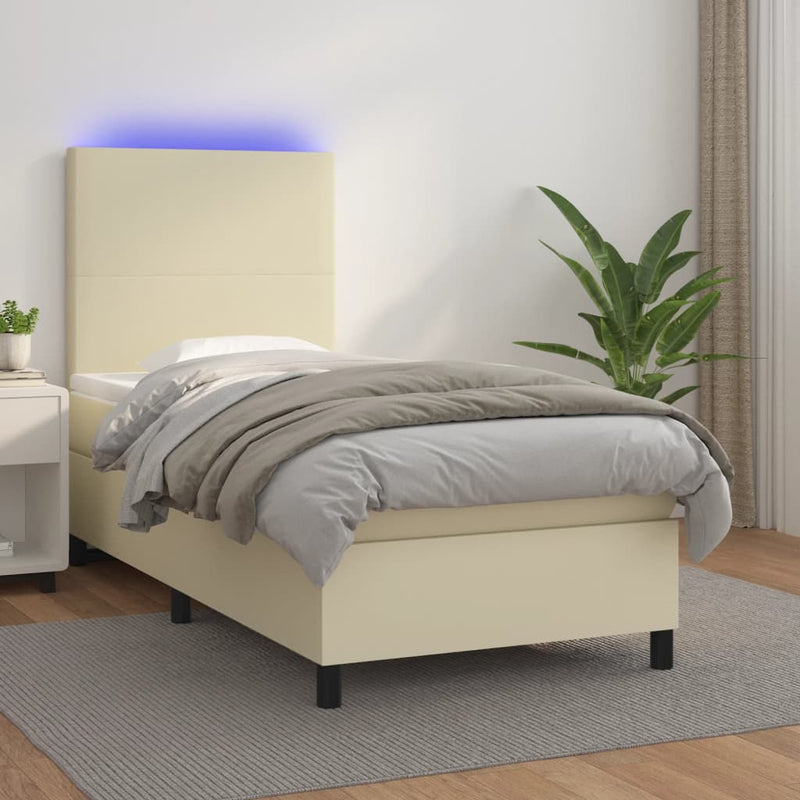 Pat continental cu saltea și LED, crem, 80x200 cm, piele eco