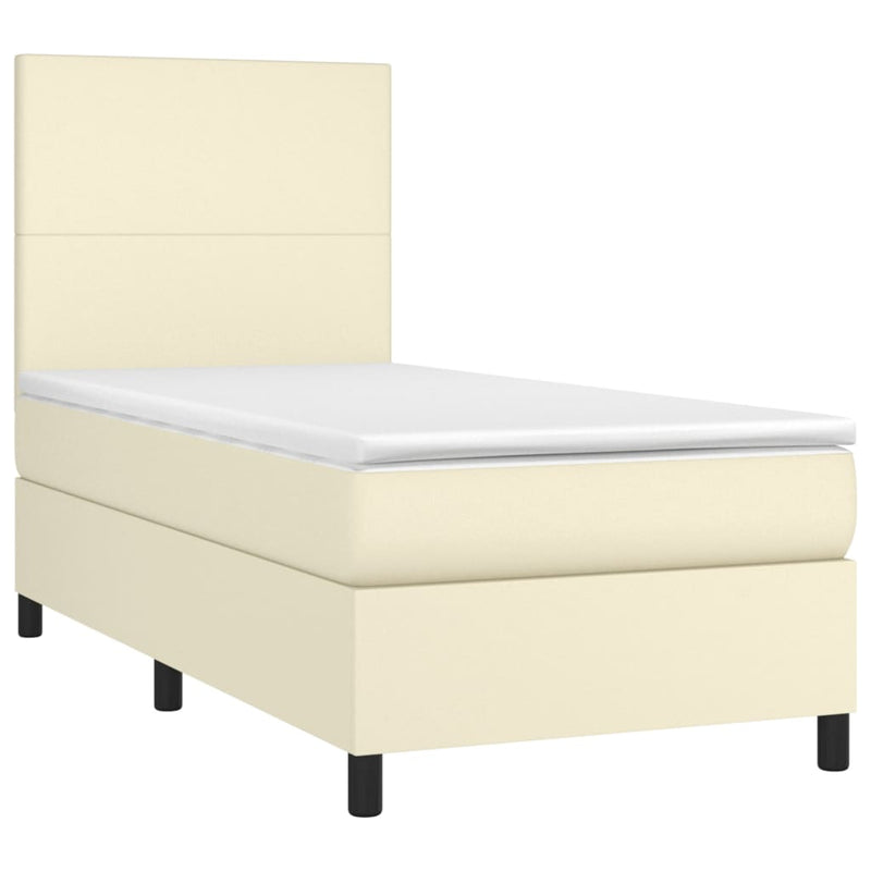 Pat cu arcuri, saltea și LED, crem, 90x190 cm, piele ecologică