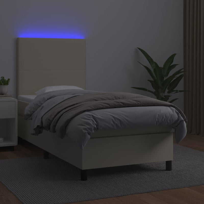 Pat cu arcuri, saltea și LED, crem, 90x190 cm, piele ecologică