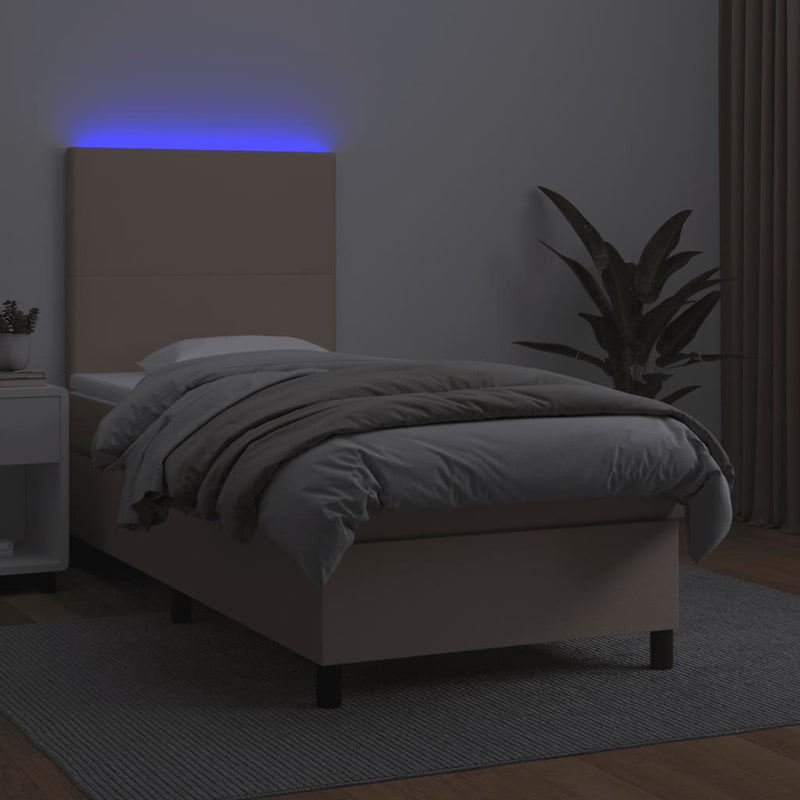 Pat cu arcuri, cu saltea și LED cappuccino 90x190 cm, piele eco