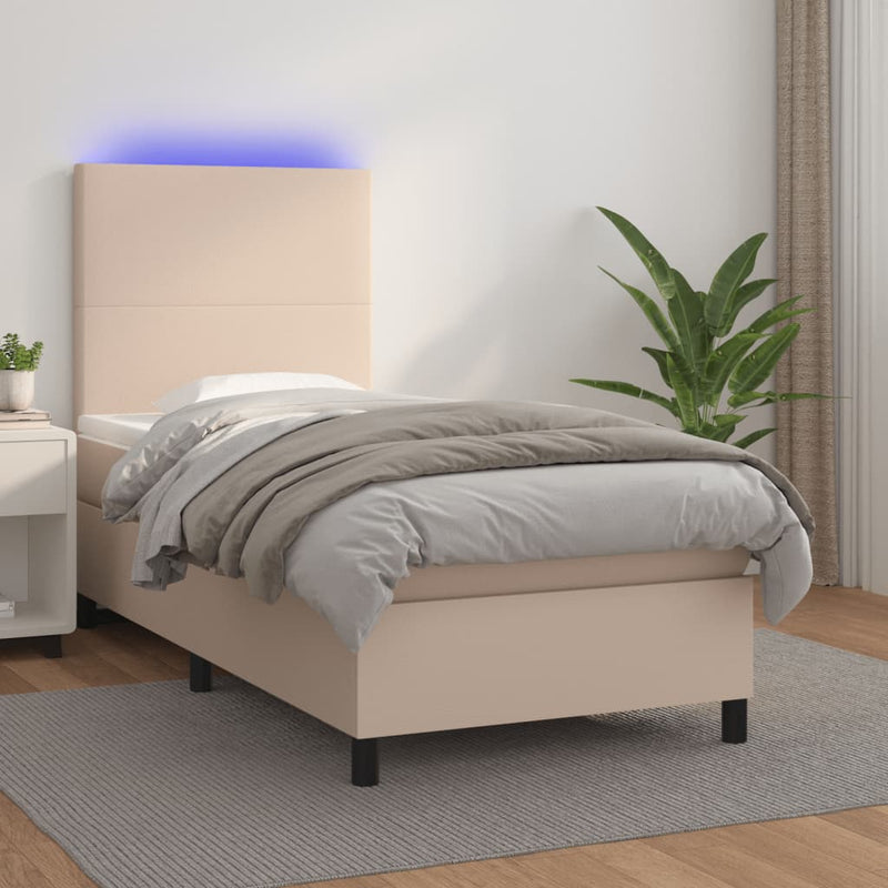 Pat cu arcuri, cu saltea și LED cappuccino 90x190 cm, piele eco