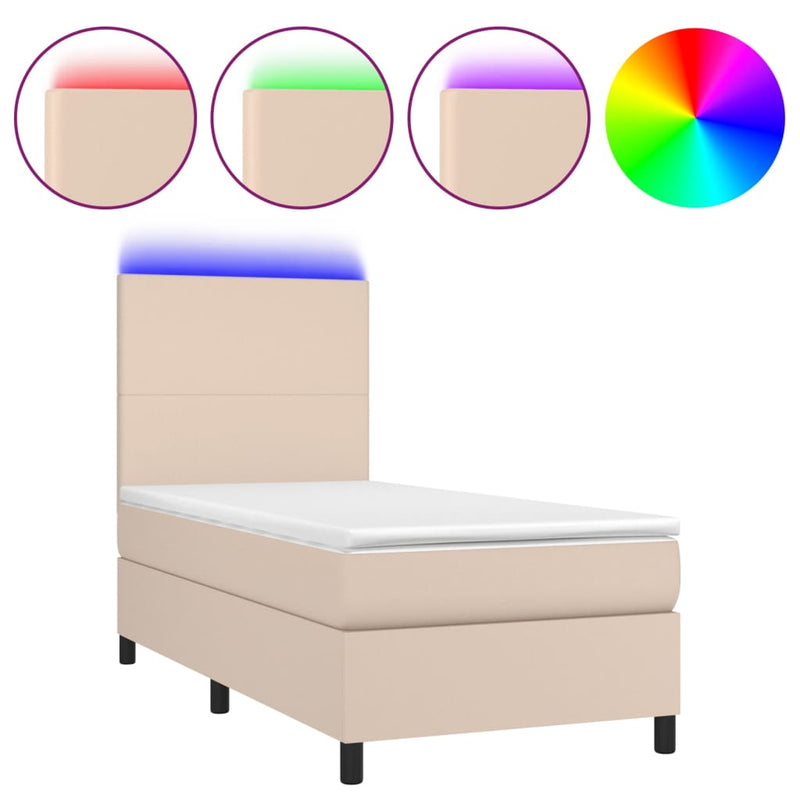 Pat cu arcuri, cu saltea și LED cappuccino 100x200 cm piele eco