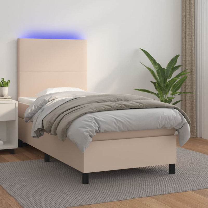 Pat cu arcuri, cu saltea și LED cappuccino 100x200 cm piele eco