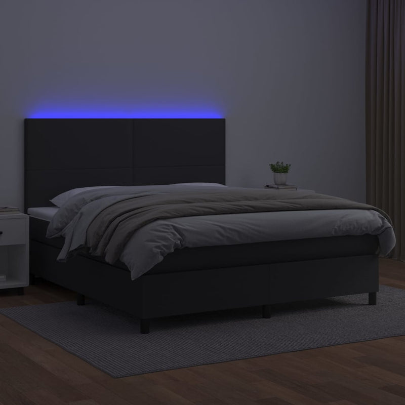 Pat cu arcuri, saltea și LED, negru, 160x200cm, piele ecologică
