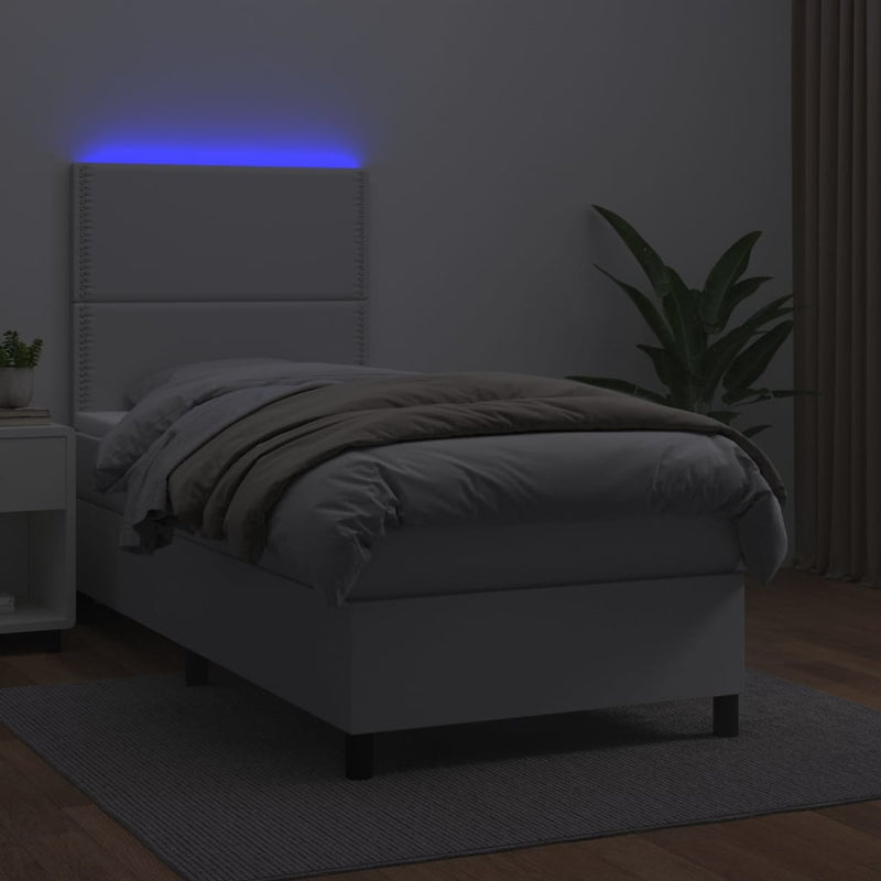 Pat cu arcuri, cu saltea și LED, alb, 100x200 cm, piele eco