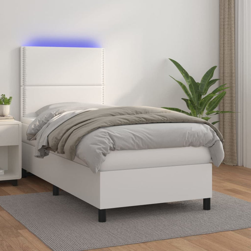 Pat cu arcuri, cu saltea și LED, alb, 100x200 cm, piele eco