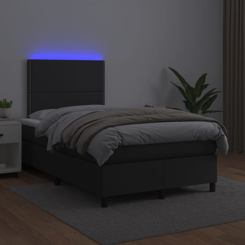 Pat cu arcuri, saltea și LED, negru, 120x200cm, piele ecologică