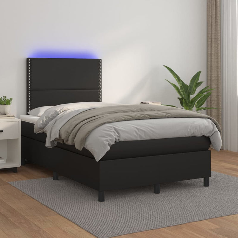 Pat cu arcuri, saltea și LED, negru, 120x200cm, piele ecologică