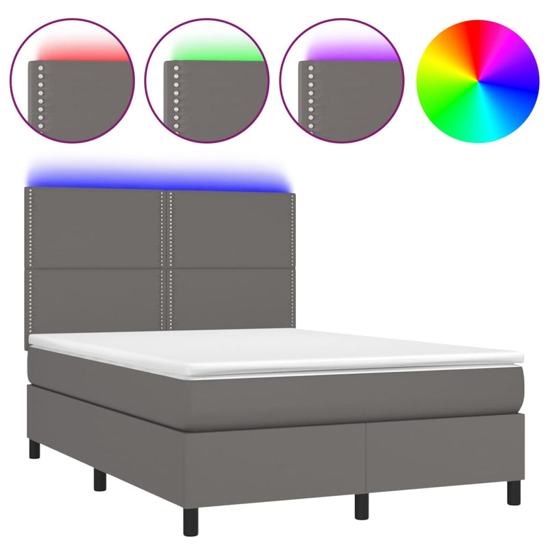 Pat cu arcuri, cu saltea & LED, gri, 140x190 cm, piele eco