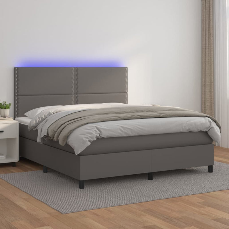 Pat cu arcuri, cu saltea & LED, gri, 140x190 cm, piele eco