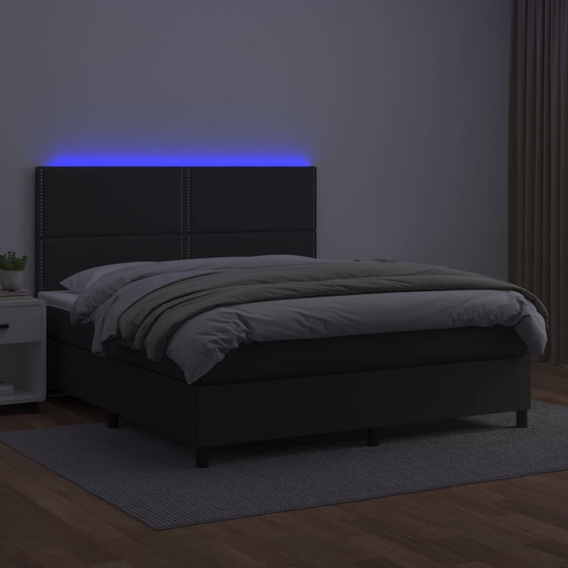 Pat cu arcuri, saltea și LED, negru, 180x200cm, piele ecologică