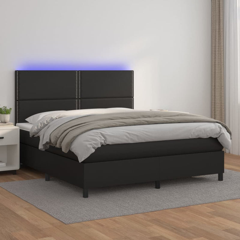 Pat cu arcuri, saltea și LED, negru, 180x200cm, piele ecologică