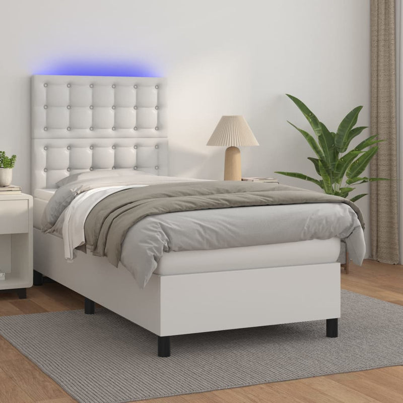 Pat continental cu saltea & LED, alb, 80x200 cm, piele eco
