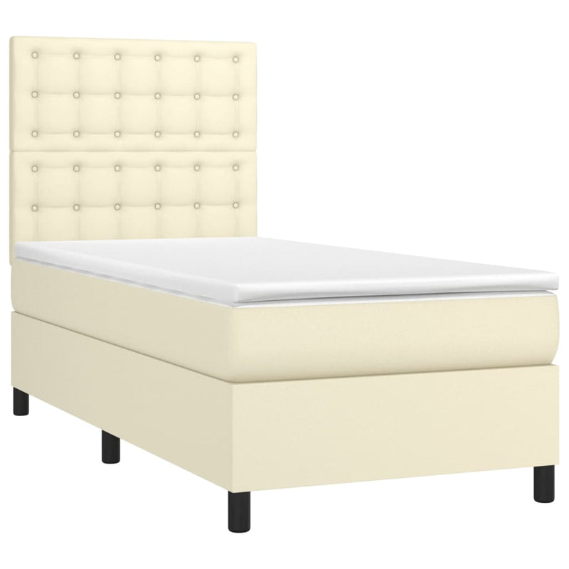 Pat cu arcuri, saltea și LED, crem, 90x190 cm, piele ecologică