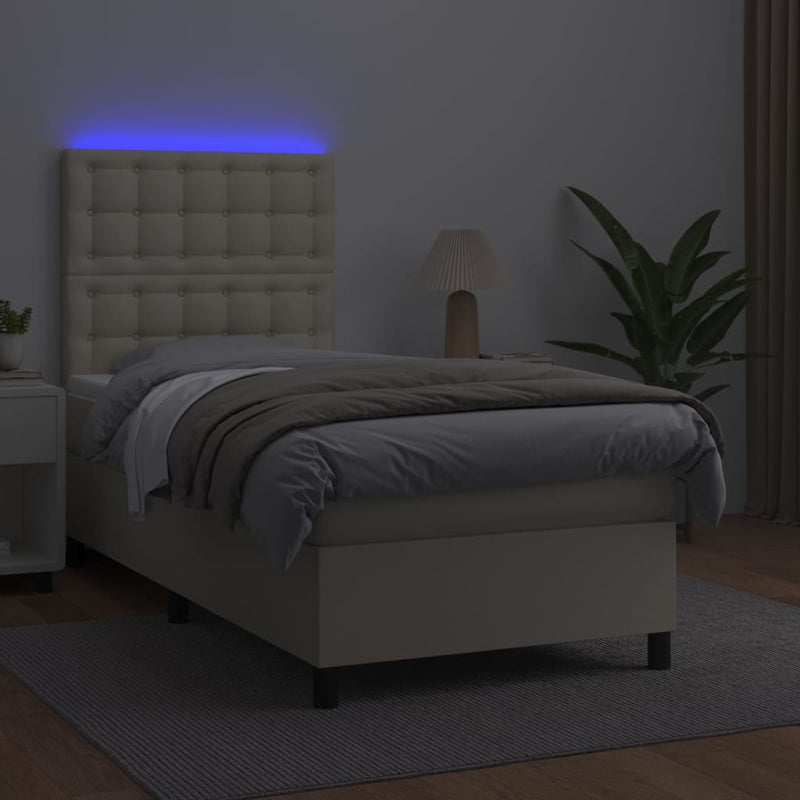Pat cu arcuri, saltea și LED, crem, 90x190 cm, piele ecologică