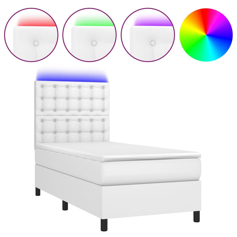 Pat cu arcuri, cu saltea și LED, alb, 90x200 cm, piele eco