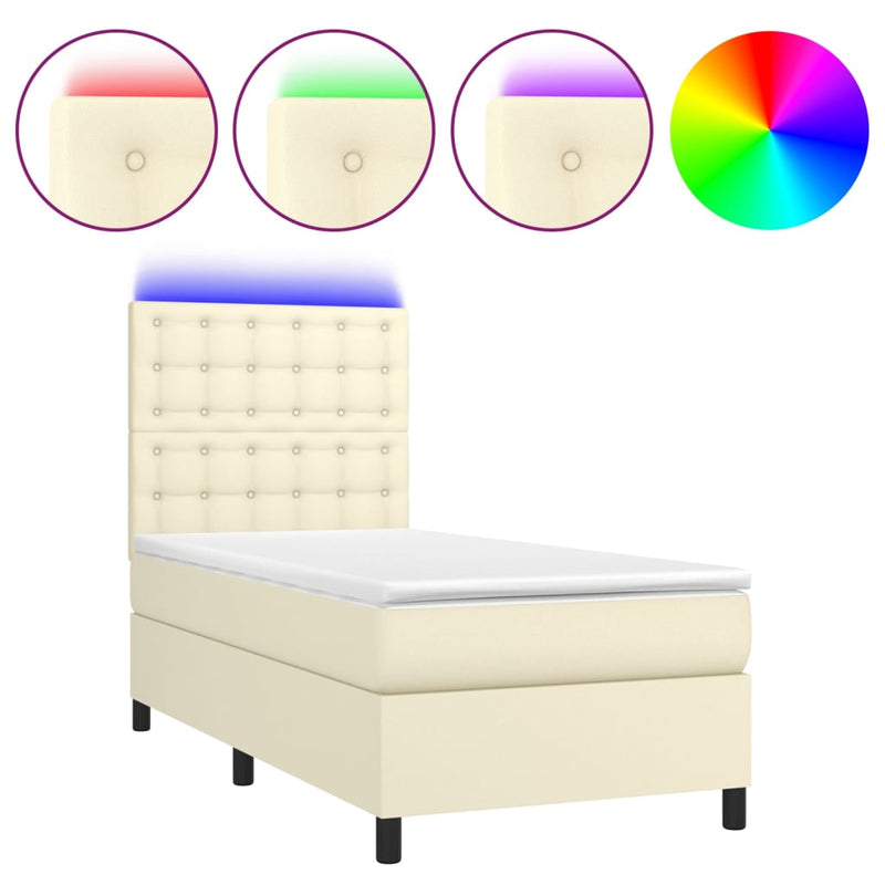 Pat cu arcuri, cu saltea și LED, crem, 90x200 cm, piele eco