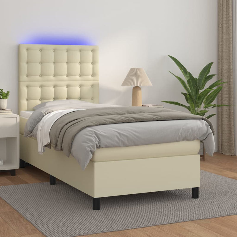Pat cu arcuri, cu saltea și LED, crem, 90x200 cm, piele eco