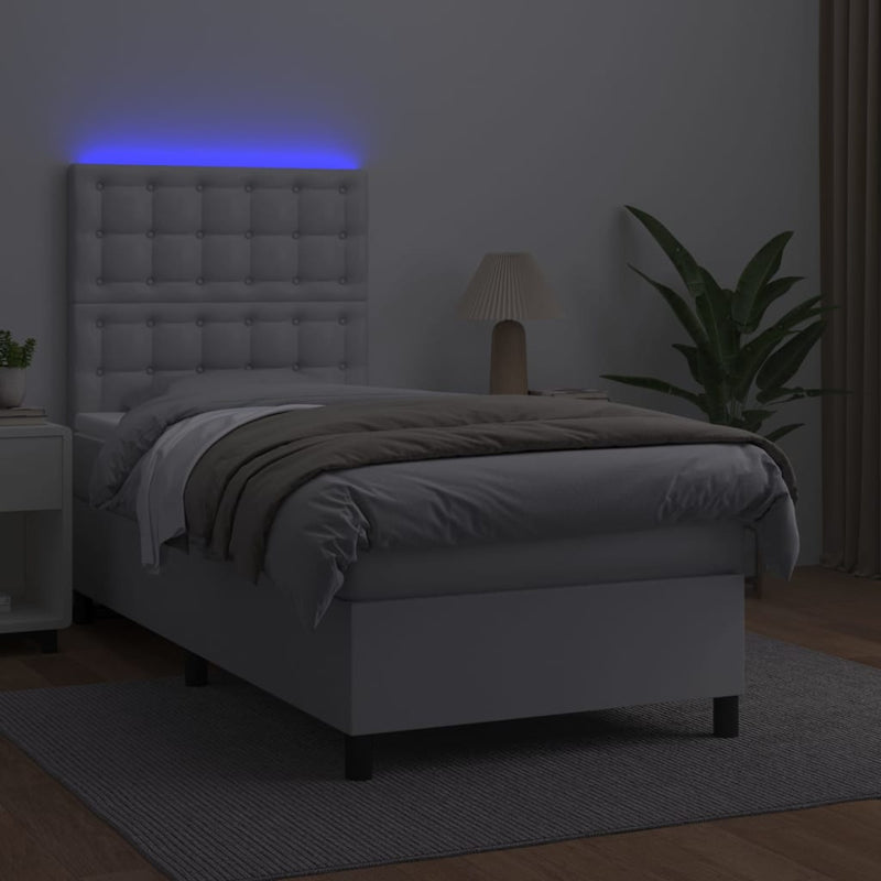 Pat cu arcuri, cu saltea și LED, alb, 100x200 cm, piele eco