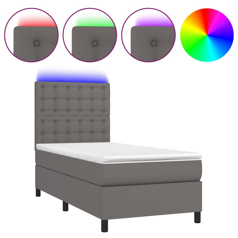 Pat cu arcuri, cu saltea și LED, gri, 100x200 cm, piele eco