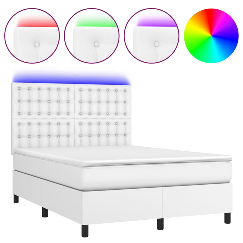 Pat box spring cu saltea, alb, 140x190 cm, piele ecologică