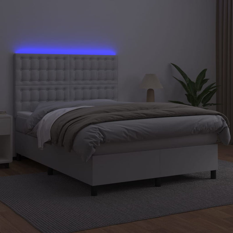 Pat box spring cu saltea, alb, 140x190 cm, piele ecologică