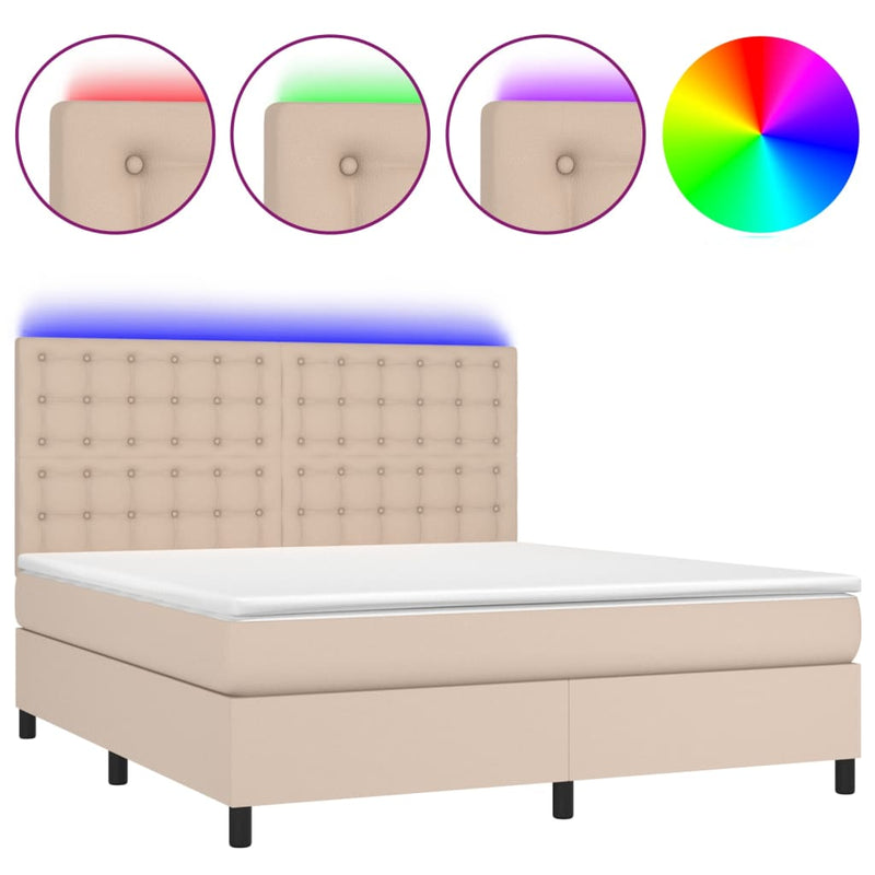 Pat cu arcuri, cu saltea și LED, cappuccino 160x200cm piele eco