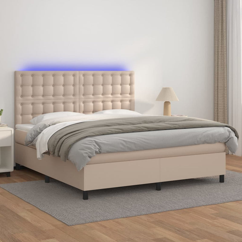 Pat cu arcuri, cu saltea și LED, cappuccino 160x200cm piele eco