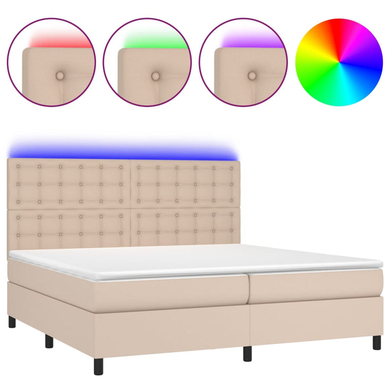 Pat cu arcuri, cu saltea și LED cappuccino 200x200 cm piele eco