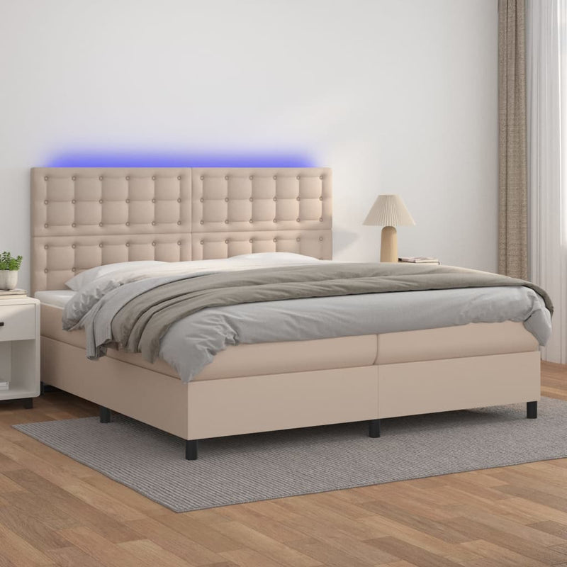 Pat cu arcuri, cu saltea și LED cappuccino 200x200 cm piele eco