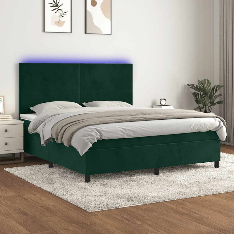 Pat cu arcuri, saltea și LED, verde închis, 180x200 cm, catifea
