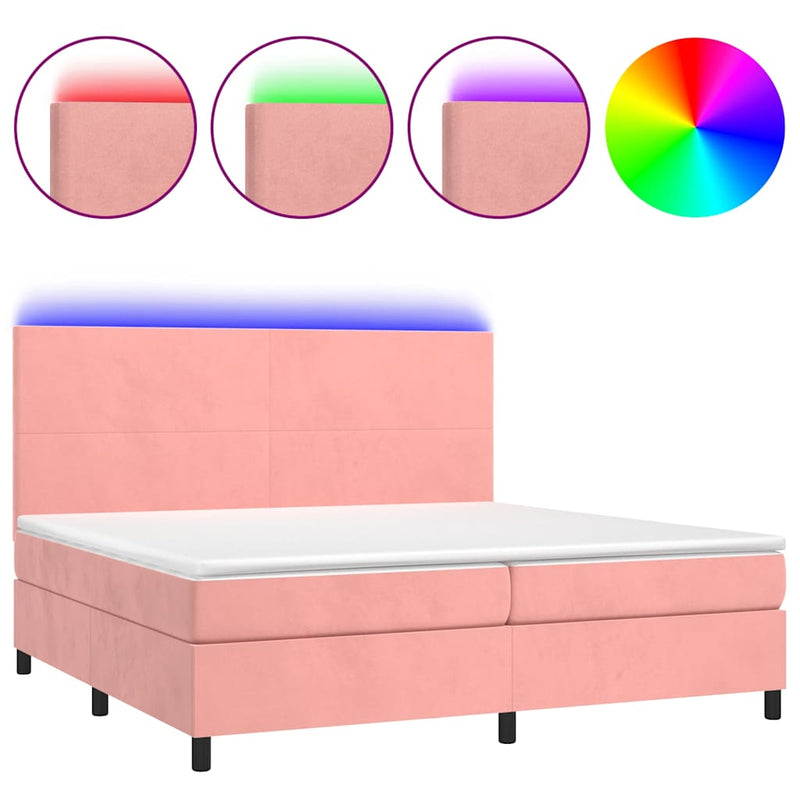 Pat continental cu saltea & LED, roz, 200x200 cm, catifea