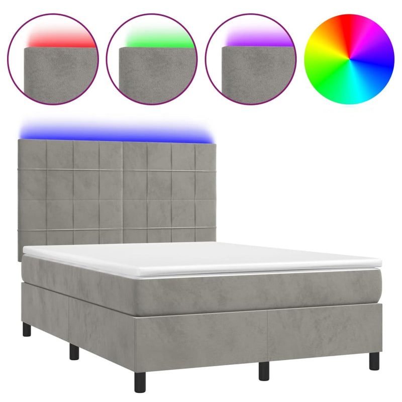 Pat continental cu saltea și LED gri deschis 140x190 cm catifea