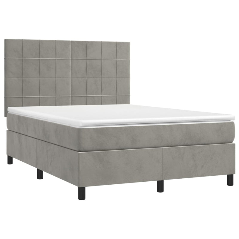 Pat continental cu saltea și LED gri deschis 140x190 cm catifea