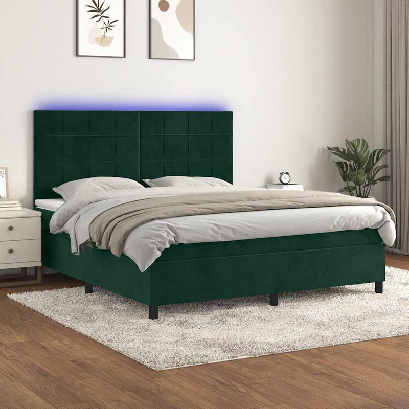 Pat cu arcuri, saltea și LED, verde închis, 180x200 cm, catifea