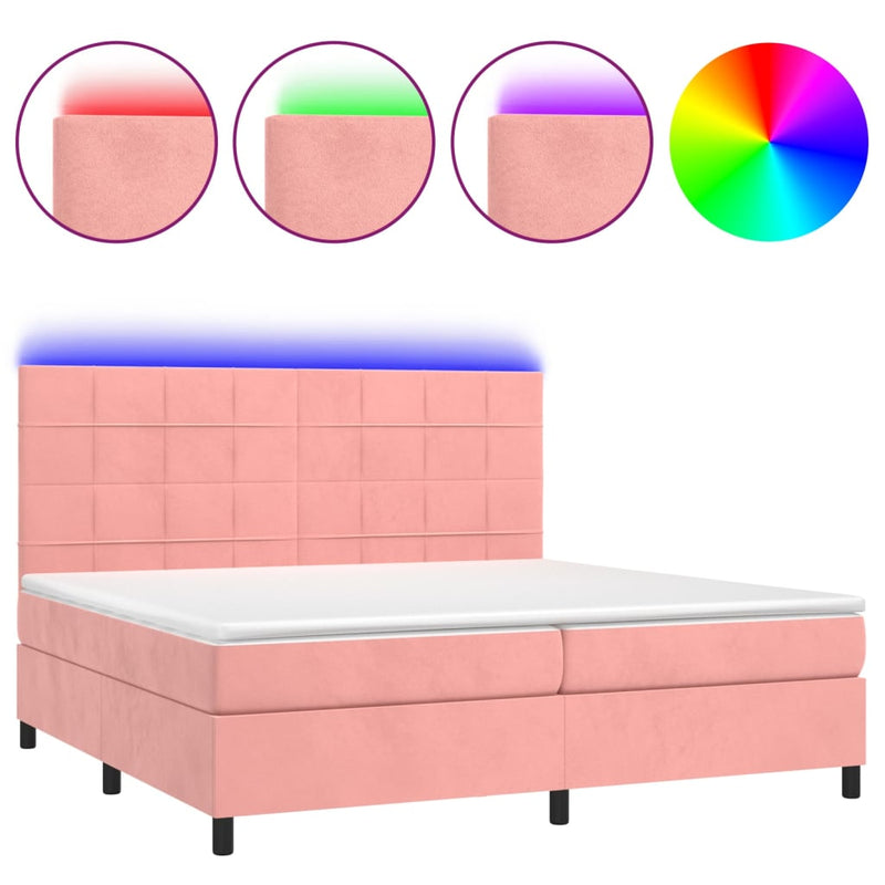 Pat continental cu saltea & LED, roz, 200x200 cm, catifea