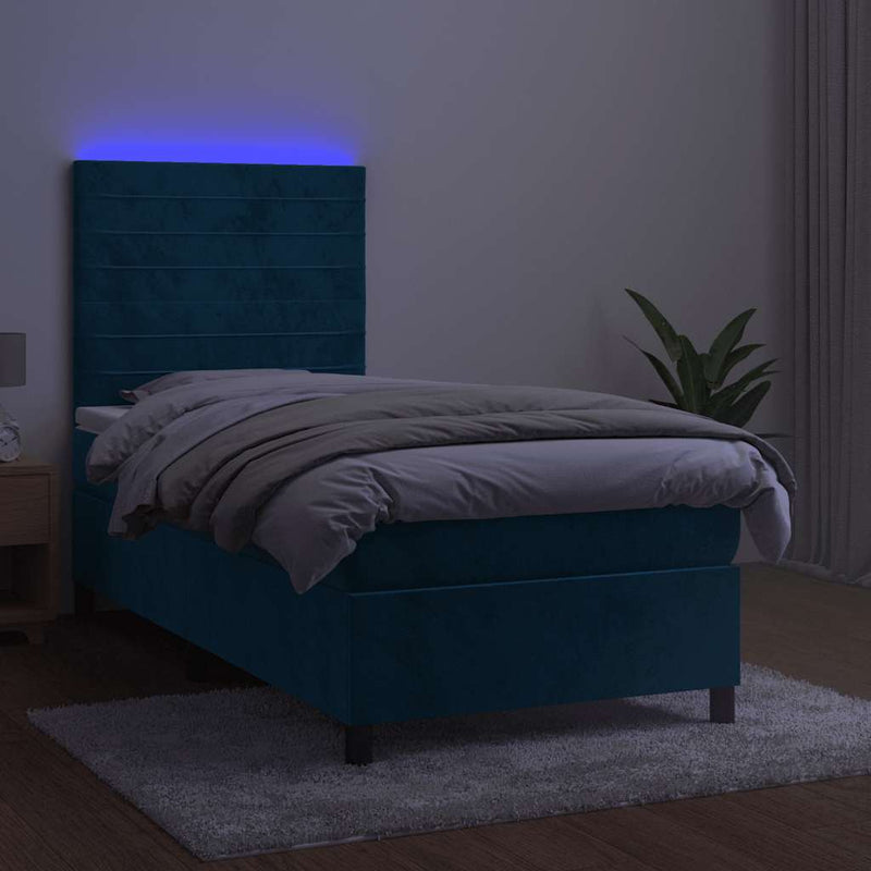Pat continental cu saltea&LED albastru închis 80x200 cm catifea
