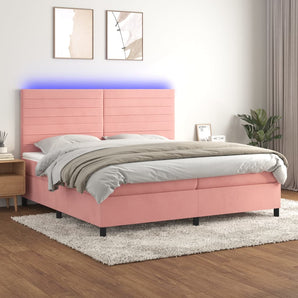 Pat continental cu saltea & LED, roz, 200x200 cm, catifea