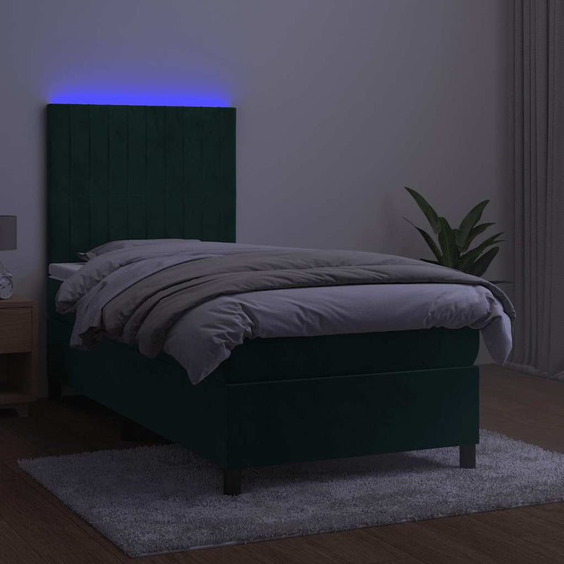 Pat continental cu saltea și LED verde închis 80x200 cm catifea