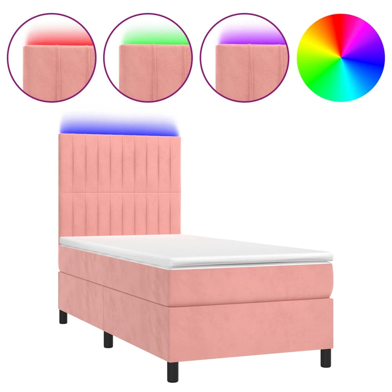 Pat continental cu saltea & LED, roz, 80x200 cm, catifea