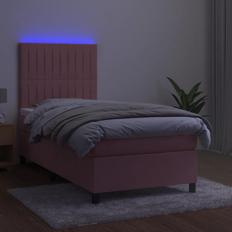 Pat continental cu saltea & LED, roz, 80x200 cm, catifea