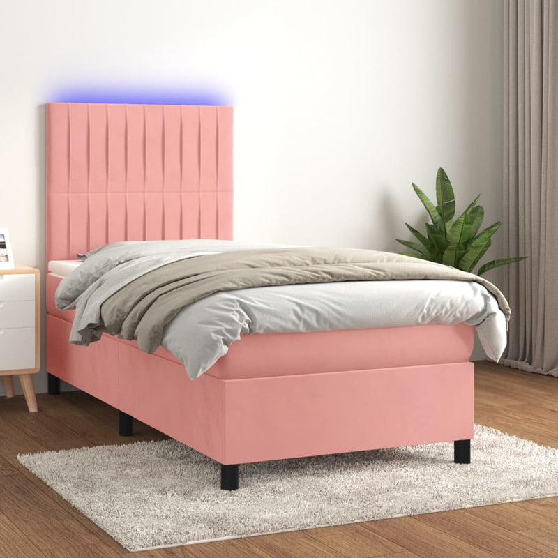 Pat continental cu saltea & LED, roz, 80x200 cm, catifea