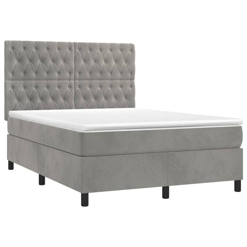 Pat continental cu saltea și LED gri deschis 140x190 cm catifea