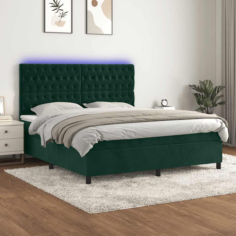 Pat cu arcuri, saltea și LED, verde închis, 180x200 cm, catifea